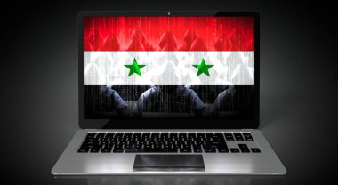Suriye - ülke bayrağı ve dizüstü bilgisayar korsanları grubu - siber saldırı konsepti - 3D illüstrasyon