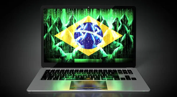 Brazilië Land Vlag Groep Hackers Laptop Scherm Cyber Aanval Concept — Stockfoto