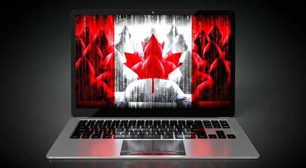 Canada - country flag and group of hackers on laptop screen - cyber attack concept - 3D illustration