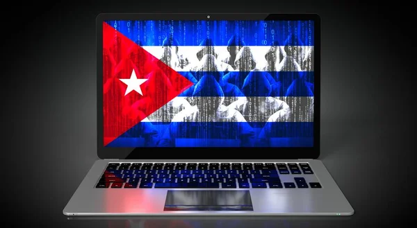 古巴国旗和笔记本电脑屏幕上的黑客群 网络攻击概念 3D插图 — 图库照片