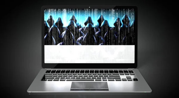 stock image Estonia - country flag and group of hackers on laptop screen - cyber attack concept - 3D illustration