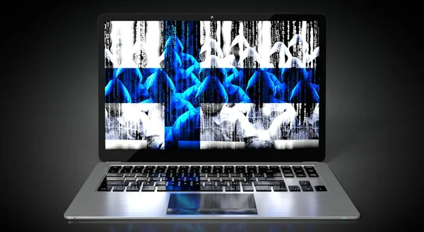 Прапор Фінляндії Група Хакерів Екрані Ноутбука Концепція Кібератаки Ілюстрація — стокове фото