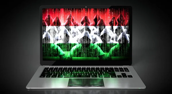 헝가리 국기와 해커들의 노트북 사이버 — 스톡 사진