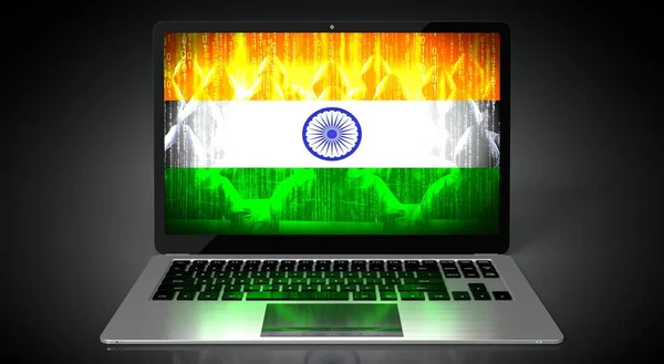 印度国旗和笔记本电脑屏幕上的黑客群 网络攻击概念 3D插图 — 图库照片