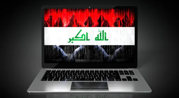 伊拉克国旗和笔记本电脑屏幕上的黑客群 网络攻击概念 3D插图 — 图库照片