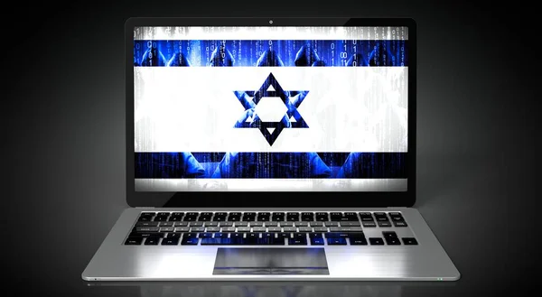 イスラエル 国の旗とラップトップ画面上のハッカーのグループ サイバー攻撃の概念 3Dイラスト — ストック写真