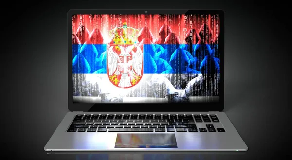 Serbia Country Flag Group Hackers Laptop Screen Cyber Attack Concept — Stock Photo, Image