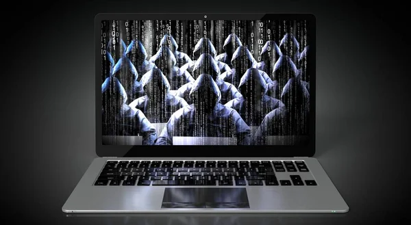 Анонімні Капюшоном Хакери Екрані Ноутбука Концепція Кібератаки — стокове фото