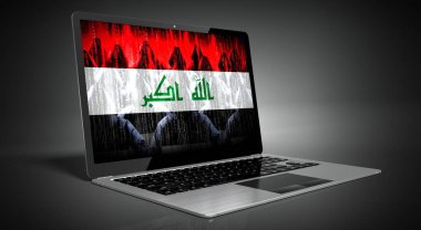 Irak - ülke bayrağı ve dizüstü bilgisayar korsanları - siber saldırı konsepti