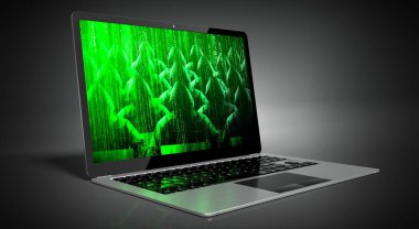 Laptop ekranındaki isimsiz başlıklı hackerlar - siber saldırı konsepti