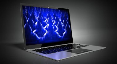 Laptop ekranındaki isimsiz başlıklı hackerlar - siber saldırı konsepti