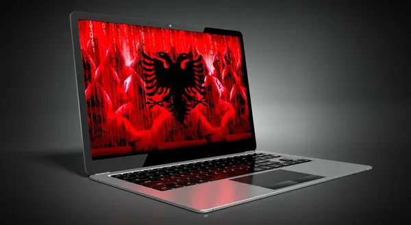 Albanien Länderflagge Und Hacker Auf Laptop Bildschirm Konzept Für Cyber — Stockfoto