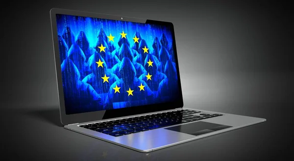 Европейский Союз Флаг Страны Хакеры Экране Ноутбука Концепция Кибератаки — стоковое фото