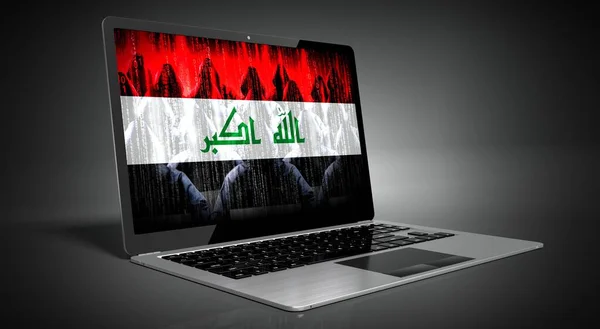 笔记本电脑屏幕上的伊拉克国旗和黑客 网络攻击概念 — 图库照片