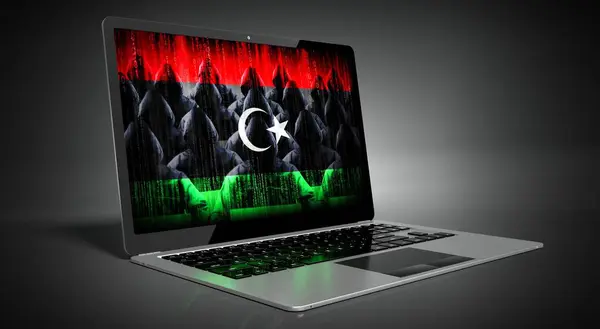Libië Land Vlag Hackers Laptop Scherm Cyber Aanval Concept — Stockfoto