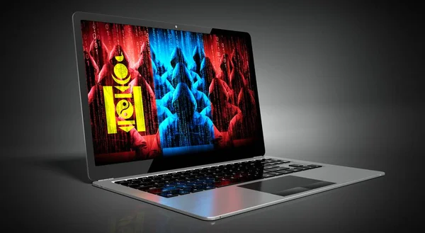 Монголія Прапор Хакери Екрані Ноутбука Поняття Кібератаки — стокове фото