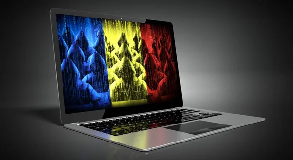 Rumänien Länderfahne Und Hacker Auf Laptop Bildschirm Konzept Für Cyber — Stockfoto