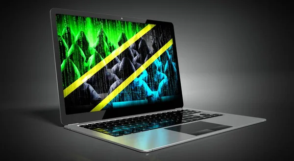 Tansania Länderflagge Und Hacker Auf Laptop Bildschirm Konzept Für Cyber — Stockfoto
