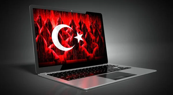 Turki Bendera Negara Dan Peretas Pada Layar Laptop Konsep Serangan — Stok Foto