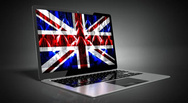 イギリス ラップトップ画面上の国旗とハッカー サイバー攻撃の概念 — ストック写真