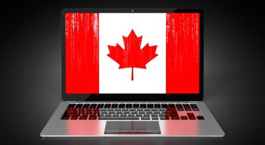 Kanada - ülke bayrağı ve dizüstü bilgisayarda ikili kod - 3D illüstrasyon