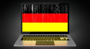 Almanya - diz üstü bilgisayarda ülke bayrağı ve ikili kod - 3D illüstrasyon