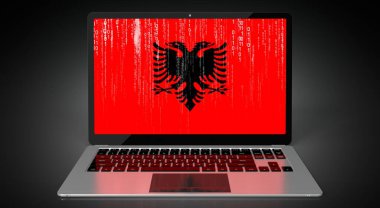 Arnavutluk - dizüstü bilgisayarda ülke bayrağı ve ikili kod - 3D illüstrasyon