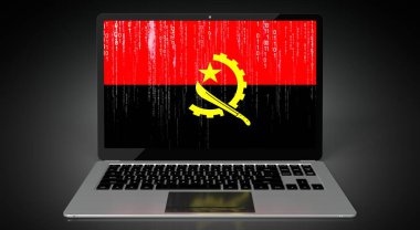Angola - ülke bayrağı ve dizüstü bilgisayarda ikili kod - 3D illüstrasyon