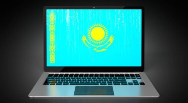 Kazakistan - ülke bayrağı ve dizüstü bilgisayar ekranında ikili kod - 3D illüstrasyon