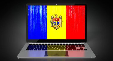 Moldova - ülke bayrağı ve dizüstü bilgisayarda ikili kod - 3D illüstrasyon