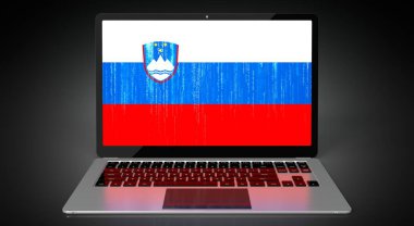 Slovenya - ülke bayrağı ve dizüstü bilgisayarda ikili kod - 3D illüstrasyon