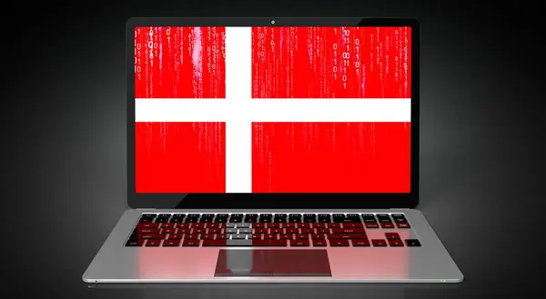 Dánsko Vlajka Země Binární Kód Obrazovce Notebooku Ilustrace — Stock fotografie