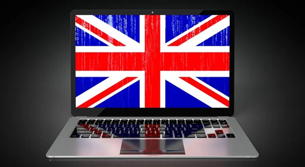 イギリス ラップトップ画面上の国のフラグとバイナリコード 3Dイラスト — ストック写真