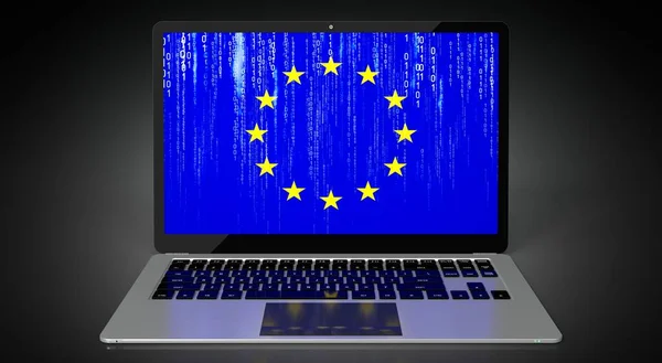 Europäische Union Länderflagge Und Binärcode Auf Dem Laptop Bildschirm Illustration — Stockfoto