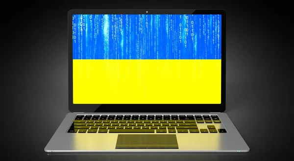 Ukraine Country Flag Binary Code Laptop Screen Illustration — стокове фото