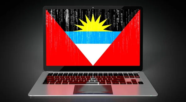 stock image Antigua and Barbuda - country flag and binary code on laptop screen - 3D illustration