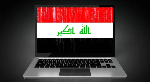 伊拉克 笔记本电脑屏幕上的国家标志和二进制代码 3D插图 — 图库照片
