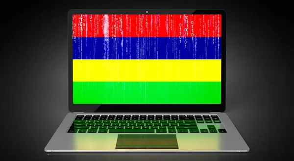 Stock image Mauritus - country flag and binary code on laptop screen - 3D illustration