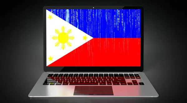 フィリピン ノートパソコン画面上の国旗とバイナリコード 3Dイラスト — ストック写真