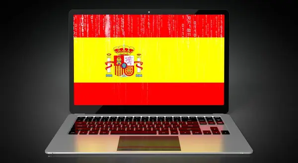 España Bandera Del País Código Binario Pantalla Del Ordenador Portátil — Foto de Stock