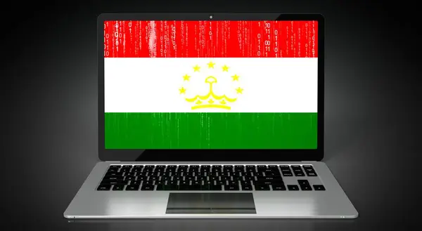 Tadschikistan Länderflagge Und Binärcode Auf Laptop Bildschirm Illustration — Stockfoto