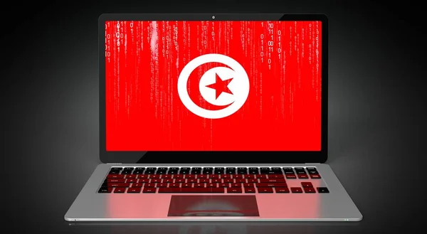 Tunesien Länderflagge Und Binärcode Auf Laptop Bildschirm Illustration — Stockfoto