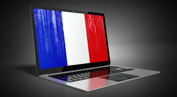 フランス ラップトップ画面上の国のフラグとバイナリコード 3Dイラスト — ストック写真