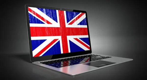 イギリス ラップトップ画面上の国のフラグとバイナリコード 3Dイラスト — ストック写真