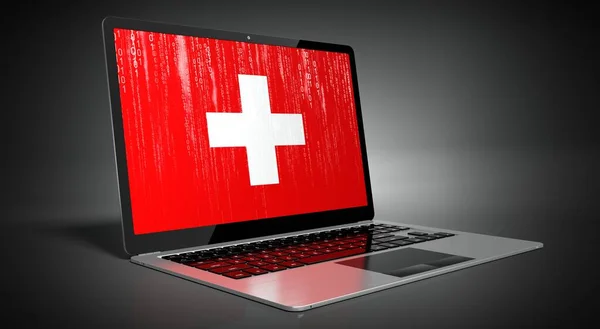 Schweiz Länderflagge Und Binärcode Auf Laptop Bildschirm Illustration — Stockfoto