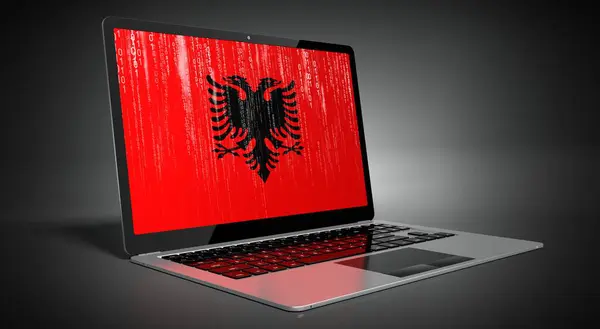 Albanien Länderflagge Und Binärcode Auf Laptop Bildschirm Illustration — Stockfoto
