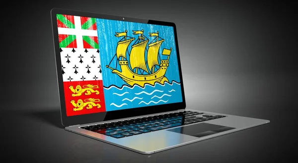 圣皮埃尔和Miquelon 笔记本电脑屏幕上的国旗和二进制代码 3D插图 — 图库照片