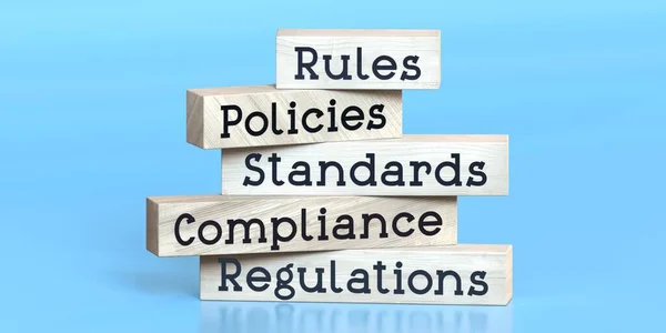 Regras Políticas Normas Conformidade Regulamentos Palavras Blocos Madeira Ilustração — Fotografia de Stock