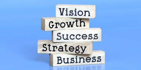 Visione Crescita Successo Strategia Business Parole Blocchi Legno Illustrazione — Foto Stock