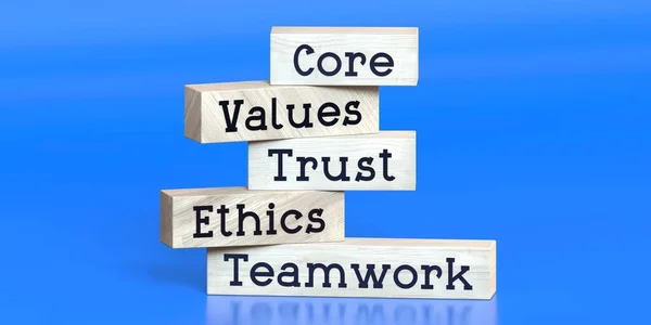 Ядро Ценности Доверие Этика Командная Работа Слова Деревянных Блоках Трехмерная — стоковое фото